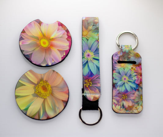 Wristlet, chapstick holder and Car Coaster set